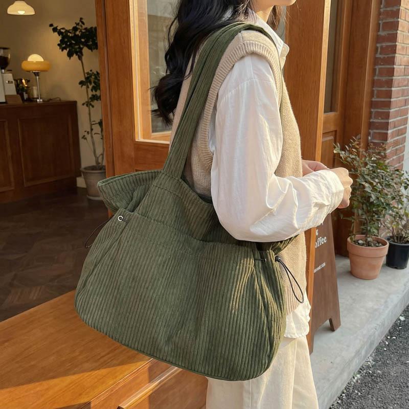 Winter solid color corduroy tote bag women's style large capacity versatile shoulder handbag casual bag