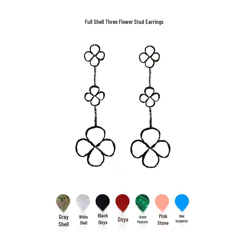 

Four-Leaf Clover Gold-Plated Shell Agate Stud Earrings - Small, Medium, Large Silver + Black Agate