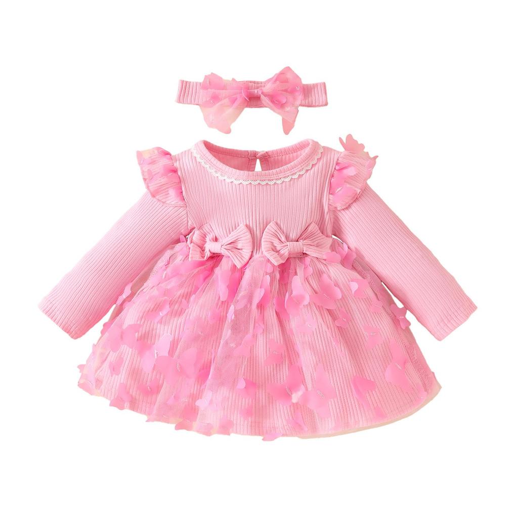 Infant Girls' Butterfly Mesh Dress with Headband and Long Sleeve Ribbed Jumpsuit