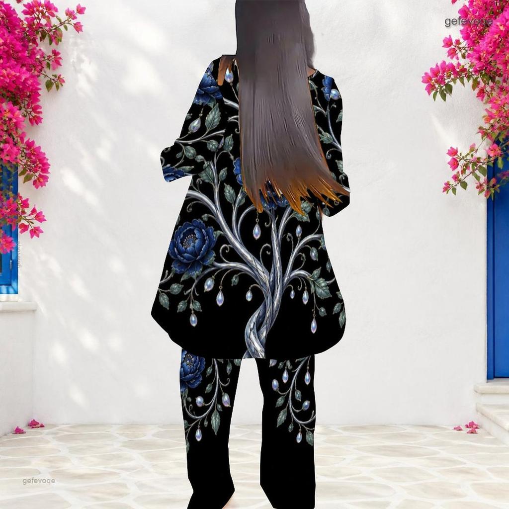 Women Plus Size Round Neck Long Sleeve Printed Layered Top And Long Pants Two Piece Set