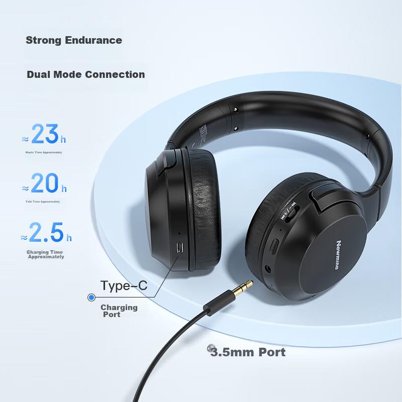 Newmine TB106 Headphones, Over-Ear Bluetooth Headphones, High-Quality Sound, Long Battery Life, Noise-Cancelling, Foldable, Pink