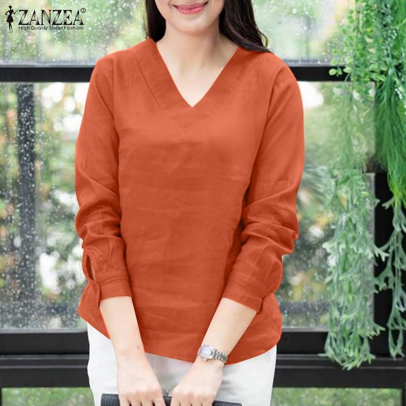 ZANZEA Chemisier ample à manches longues et col en V pour femme, couleur unie, décontracté