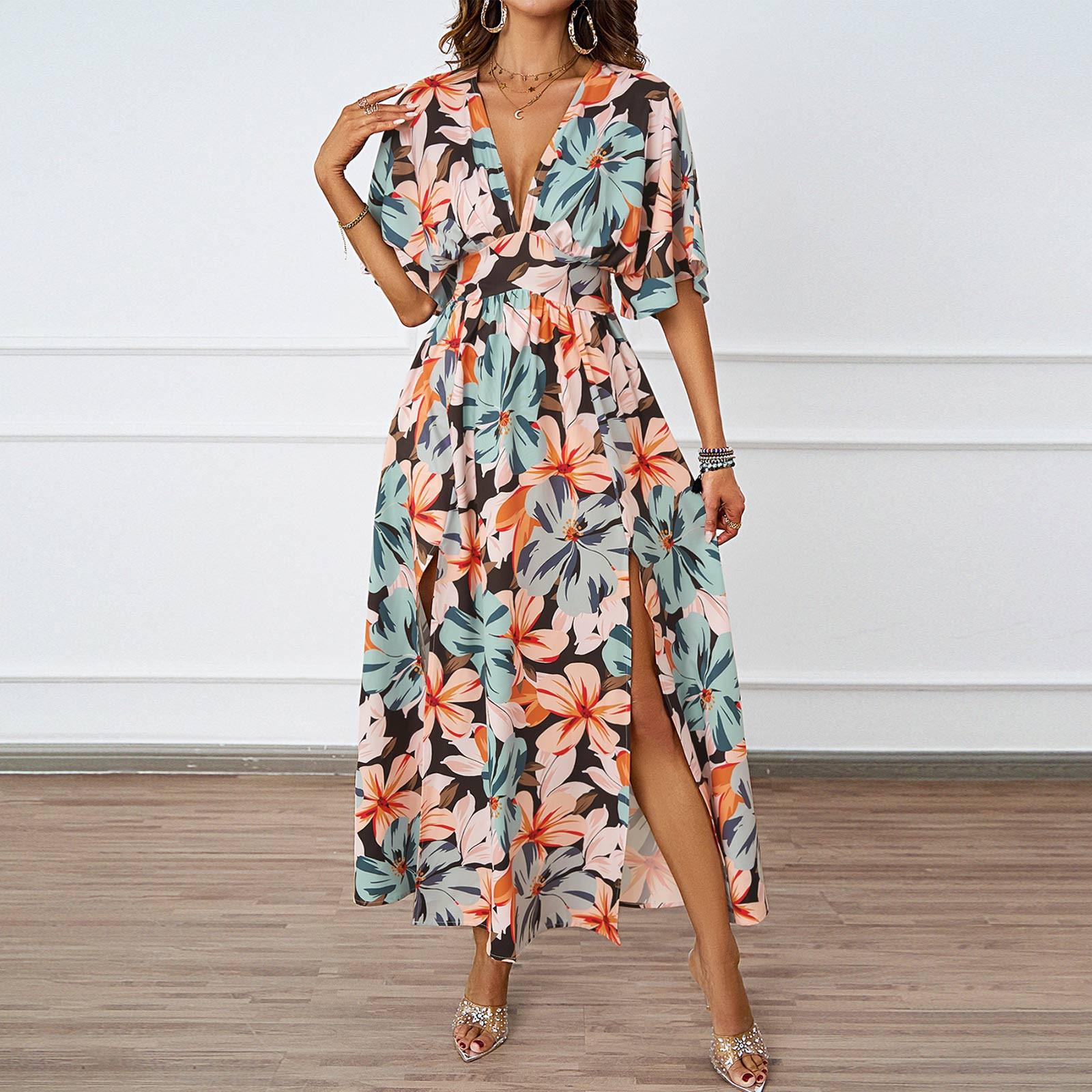 

Женское длинное платье с цветочным принтом и эластичной талией, v-образным вырезом, короткими рукавами, платья M