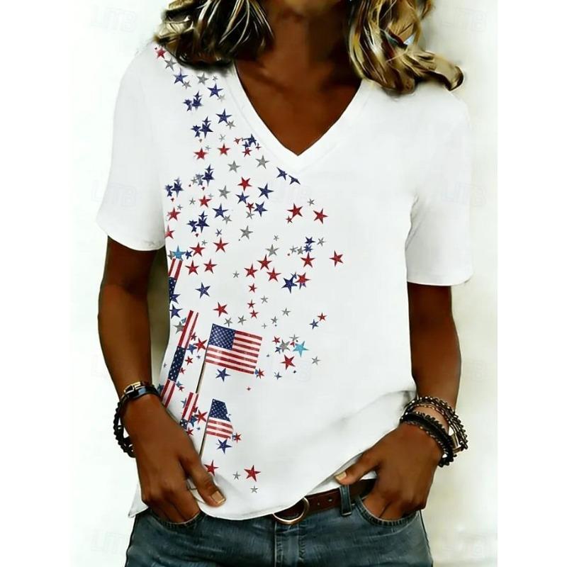 Women's T Shirt Print Graphic American Classic Short Sleeve V Neck Regular TopsSummer Spring