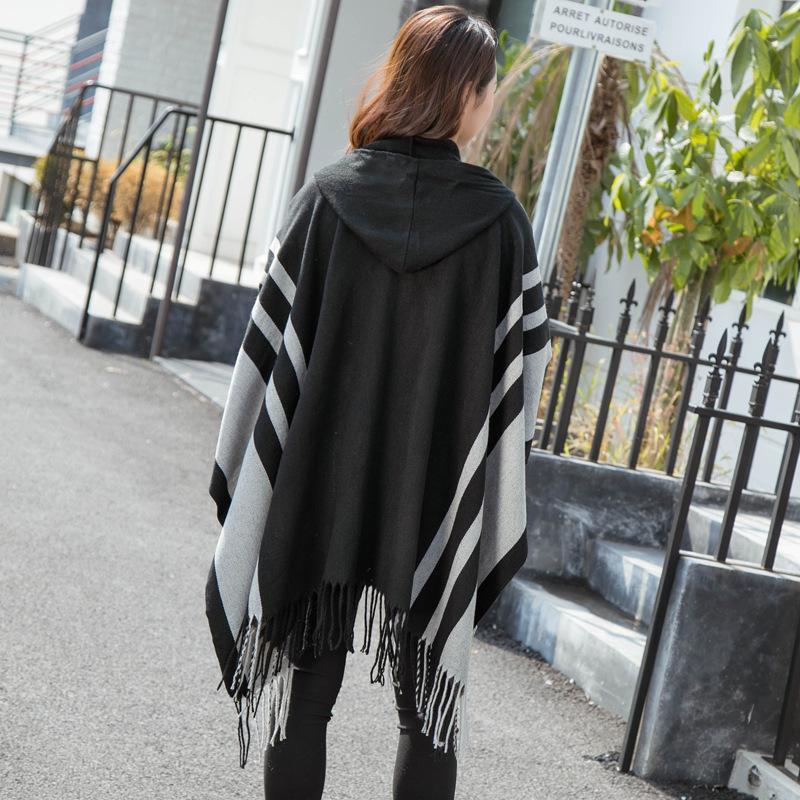 Women's Hooded Cape Shawl: Warm Autumn/Winter Tassel Slit, Two-way Imitation Cashmere Scarf