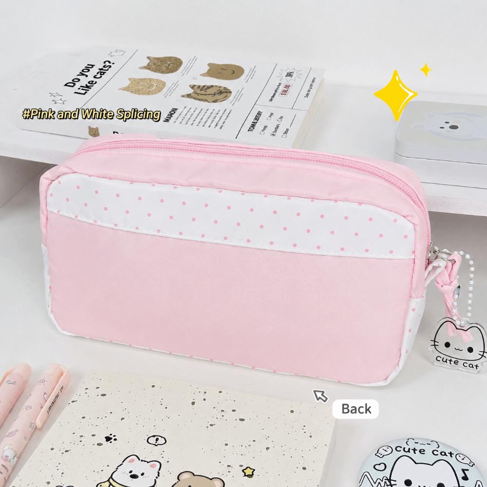 Cat Print Pen Bag Pink White Pencil Pouch Durable Stationery Organizer School Supplies