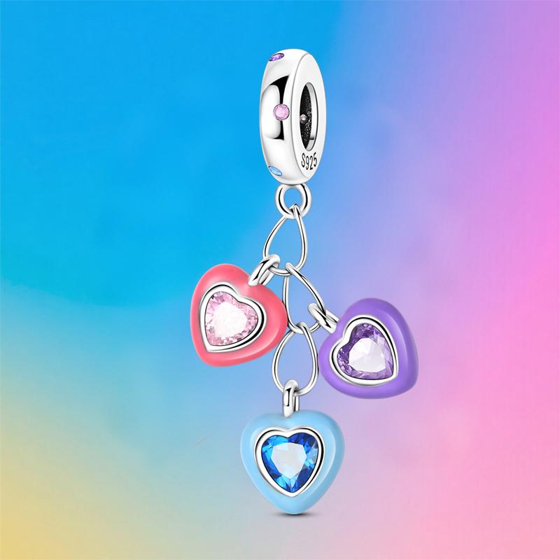 New Copper Charms Fit Pan Original Bracelet Diy Three Color Heart Shape Pendant Tassel Beads Women Birthday Jewelry
