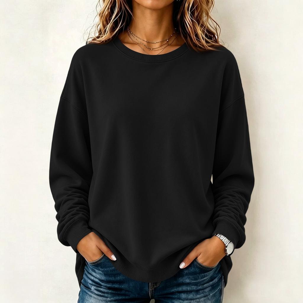 Maglione camicetta casual da donna a maniche lunghe tinta unita con scollo rotondo
