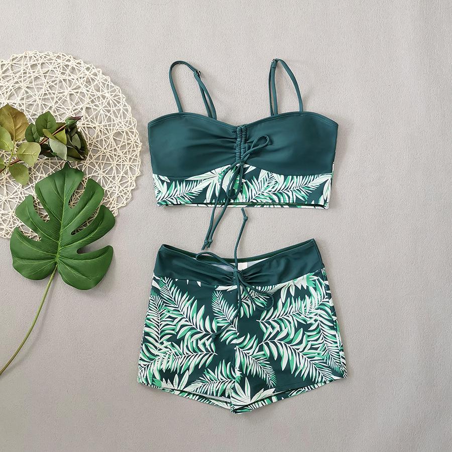High waist flat angle strap print solid color splicing print large size swimsuit