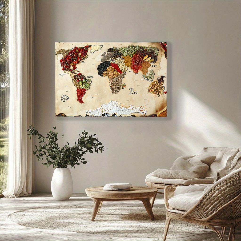 Världskarta med spannmål och kryddor Köksdukstryck Abstrakt stilleben Affischer och tryckta bilder Vardagsrum
