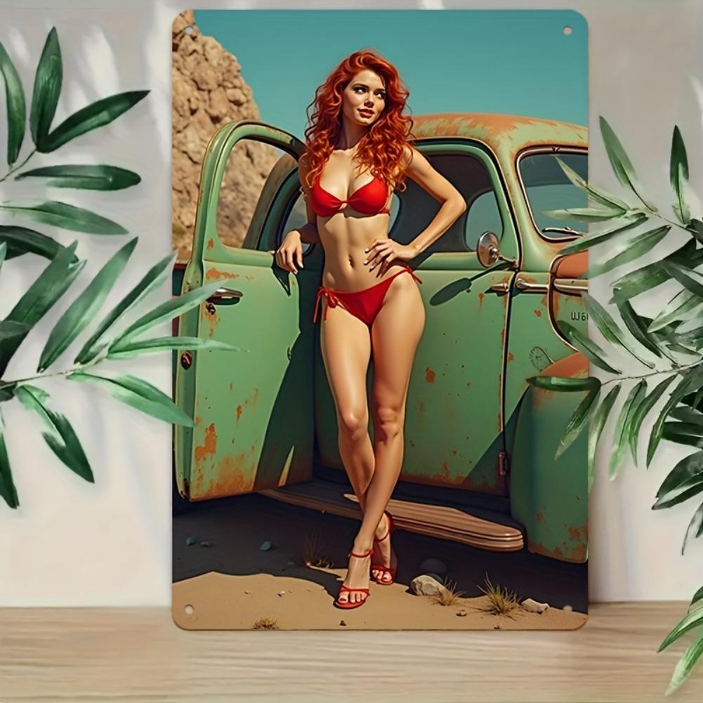 2D Flach, 1 Stück Retro Pinup Metallschild 8x12 Zoll - Vintage Rothaarige im roten Bikini & grünes Oldtimer-Wandbild, Langlebige Metallgarage
