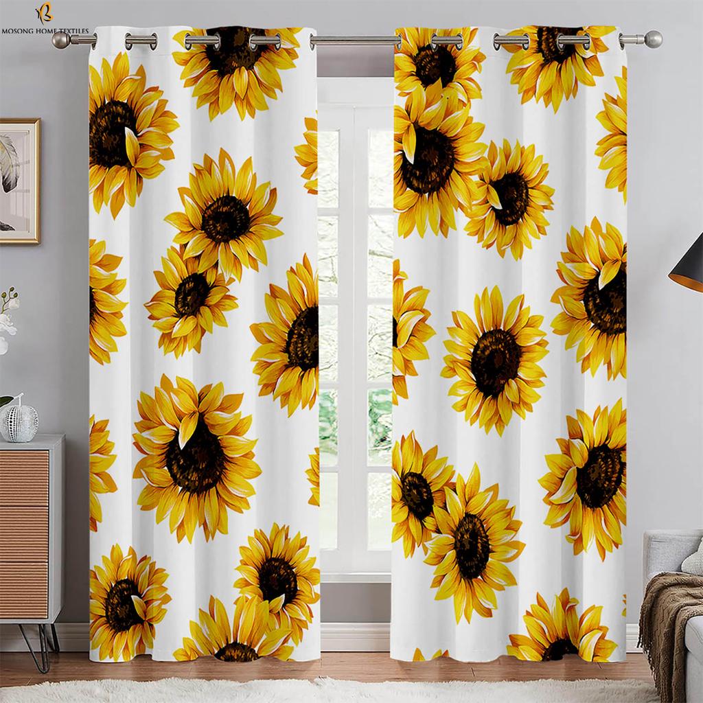 Floral Sunflower Print Curtains Yellow Pastoral Style Curtains Study Bedroom Living Room Decorative Curtains Easy To Wash 2PCS