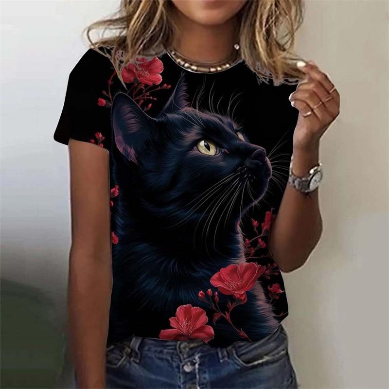 Damen T-Shirt Für Mädchen 3D Druck Niedliches Katzenmuster T-Shirt Tops Sommer Lässige Mode Damen Kurzarm Oversized T-Shirts