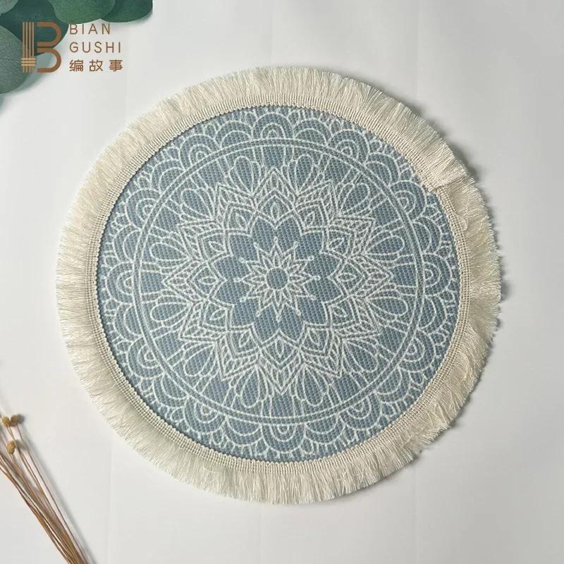 Boho Round Table Mat Hand-woven Linen Tassel Placemats Non-Slip Embroidery Dining Table Insulation Bowl Pads Kitchen Decoration