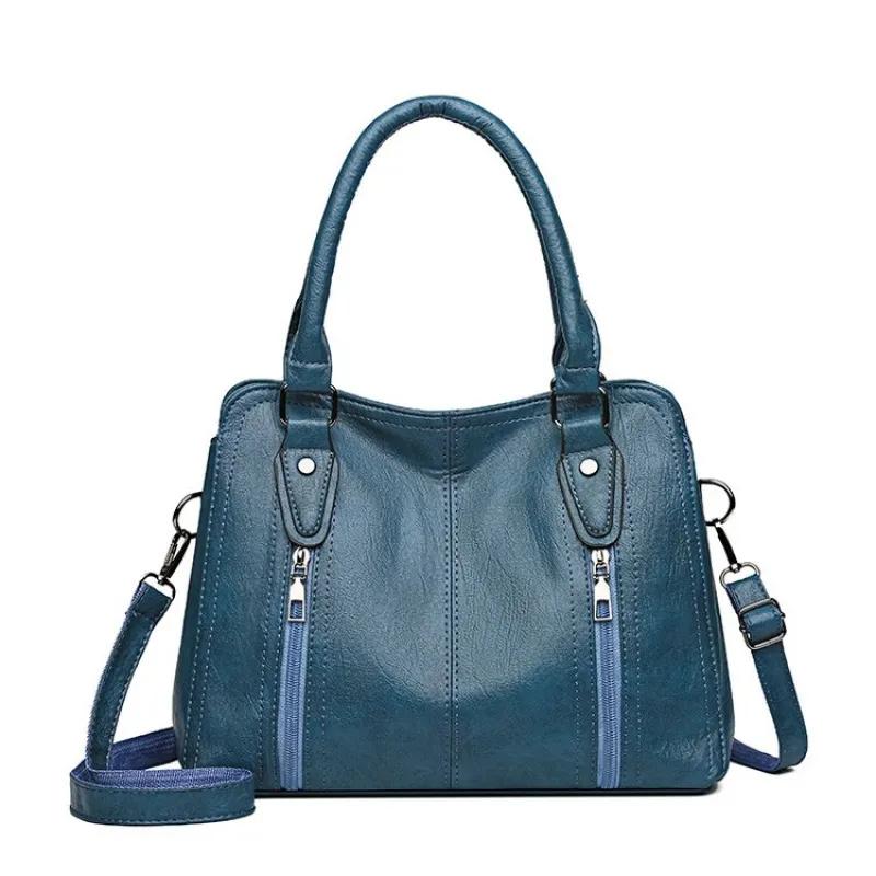 

Vintage PU Leather Brown Handbags 2026 Women Large Capacity Retro Double Pocket Black Tote Bag Ladies Crossbody Sholder Bag синій