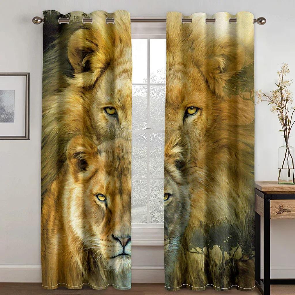 3D Digital Print Cheap Custom Animal Lion Tiger Two Thin Window Curtains for Living Room Bedroom Decor 2 Pieces