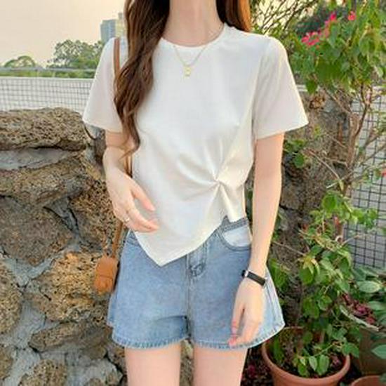 Women's Irregular Pleated Short Sleeve Cotton Polo Shirt
