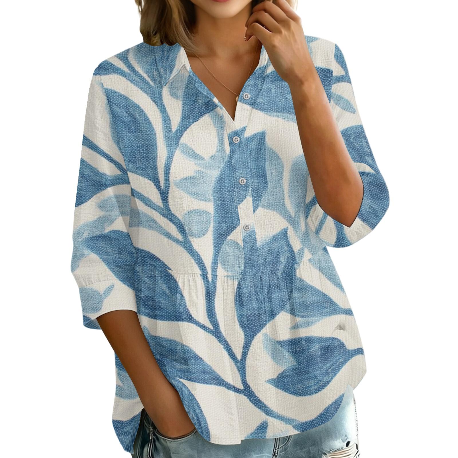 Women s Floral Print Button Down Shirt, 3/4 Sleeve Loose Fit Lapel Blouse M синий