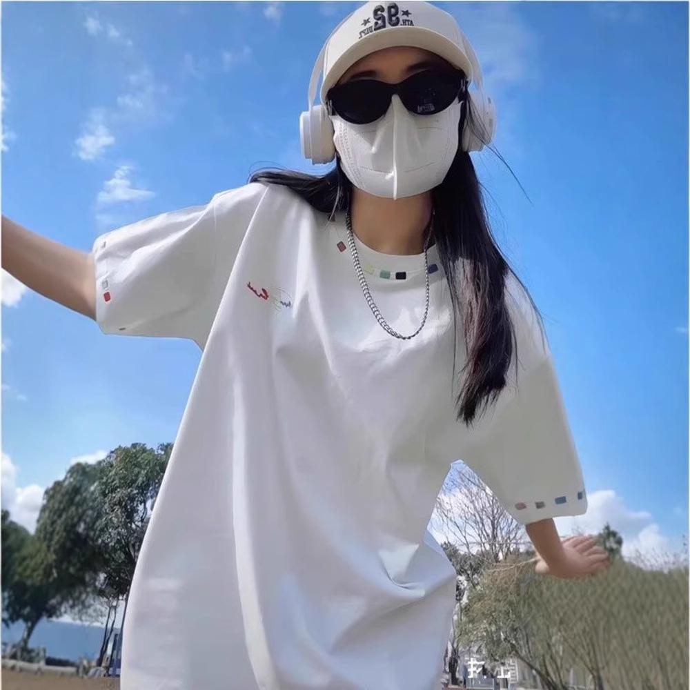 

230g Heavyweight Pure Cotton Embroidered Short Sleeve T-Shirt - Niche Design, Loose Casual Summer Top, High Street Trend M (recommended for under 95 jin) білий