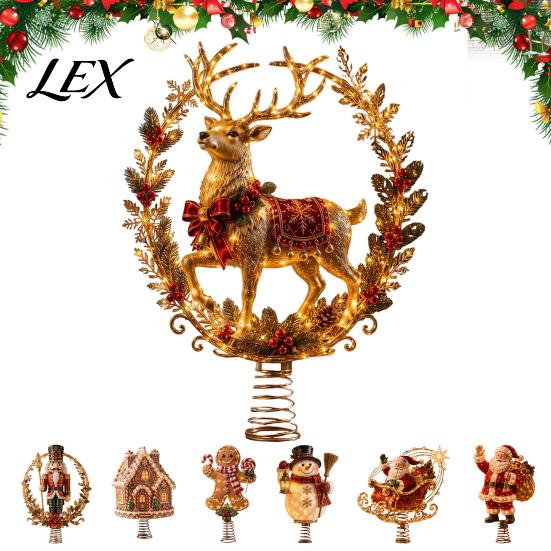 Gold Silver Red Tree Topper Lighted Christmas Topper, Illuminated Santa Claus Gingerbread Nutcracker Treetop Decorative Geometric Crown Ornament with