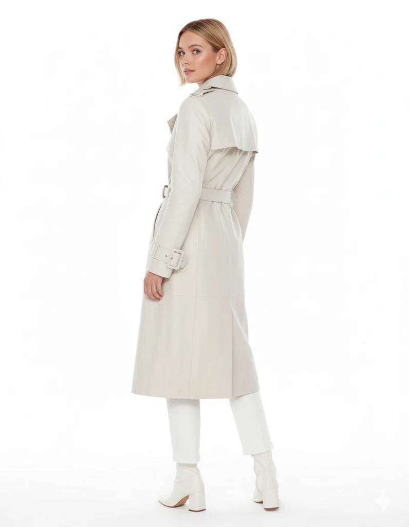 Handmade Stylish White Women's Coat Trench Leather Genuine Lambskin Casual Party