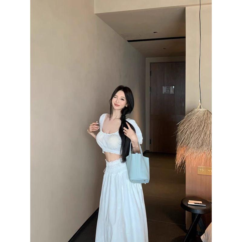Kumikumi Fashion Set French Style Puff Sleeve U Collar Shirts Women Summer Loose Pleat Skirt Two-piece Set