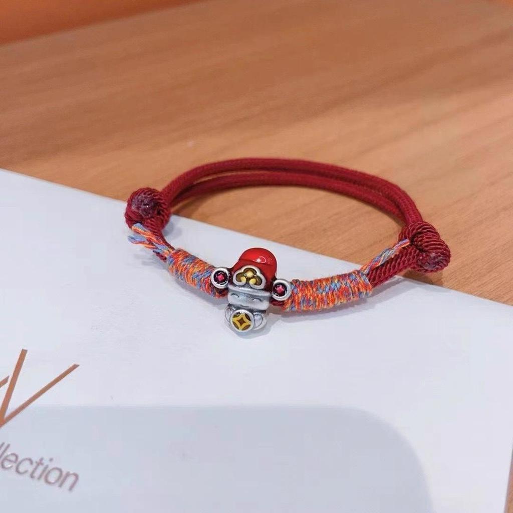 999 Sterling Silver God of Wealth Bracelet: Pure Silver Red Rope for Luck and Prosperity, Unisex Birth Year Charm, Couples' Gift.
