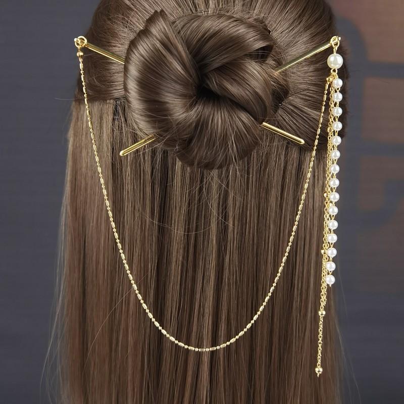 Doppelketten-Haargabel Perlenquaste Haarstab Nunchaku Haarnadel Chinesischer Stil Retro Haaraccessoires für Hanfu Tiaras Ornamente