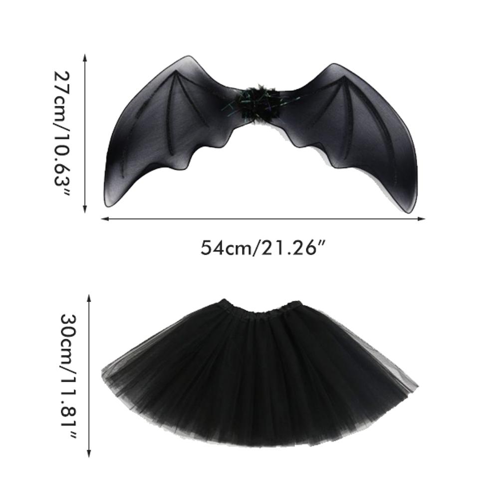 4 Stück Mädchen Halloween Cosplay Kostüm Verkleidung Kleid Schwarzer Netzrock mit Stirnband Fledermausflügel Stab Halloween Party Cosplay Requisiten