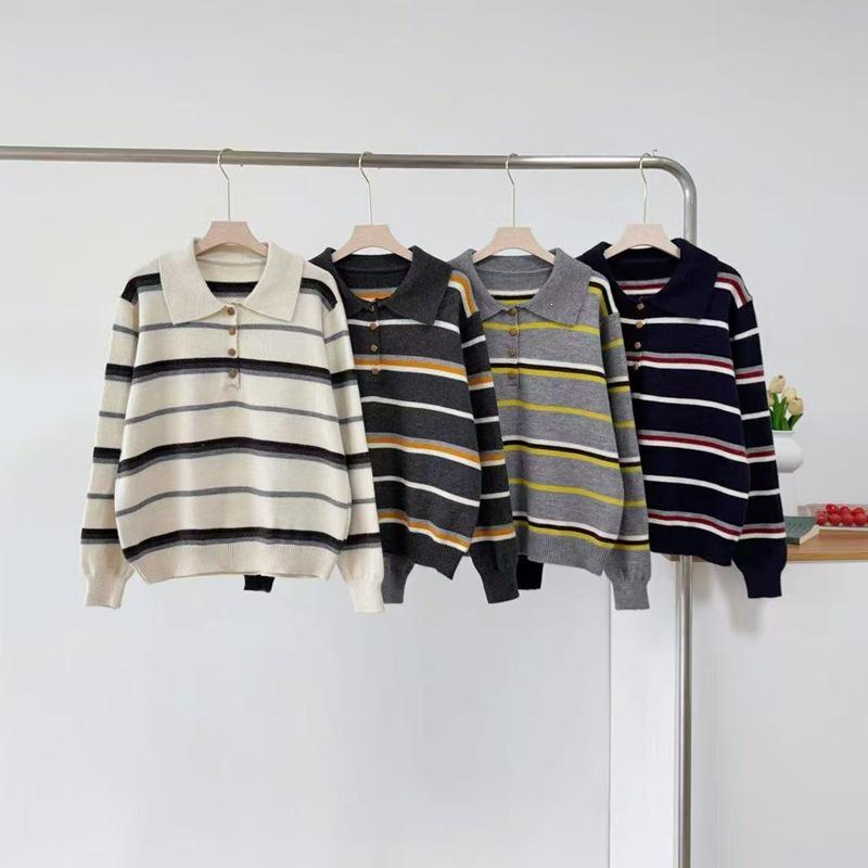 Women's Korean-Style Color Block Striped Knit Pullover Sweater: 2026 Autumn/Winter Casual Layered Top.