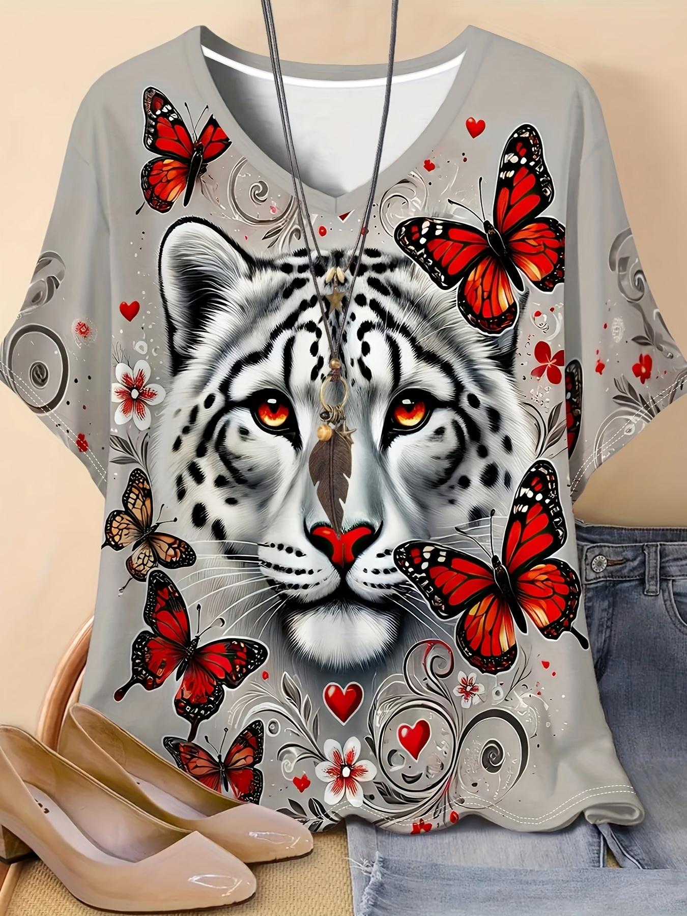 

Women Fashion Casual Plus Size Round Neck Short Sleeved T-shirt with Tiger Pattern Quick Drying Breathable Comfortable Home Top S