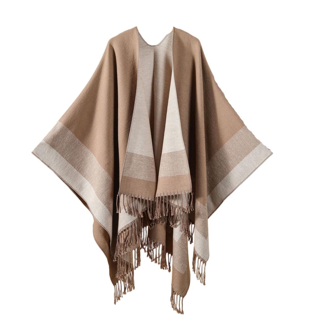 Ladies' Fashionable Single-color Fringed Slit Shawl, Double-sided Three-dimensional Wavy Warm Imitation Cashmere Scarf, Cloak Cardigan