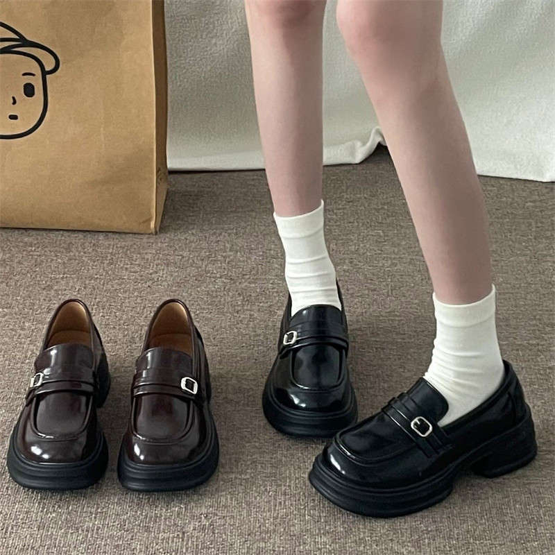 Brown retro British style heightened platform small leather shoes women's 2025 spring and autumn new French one-pedal loafers