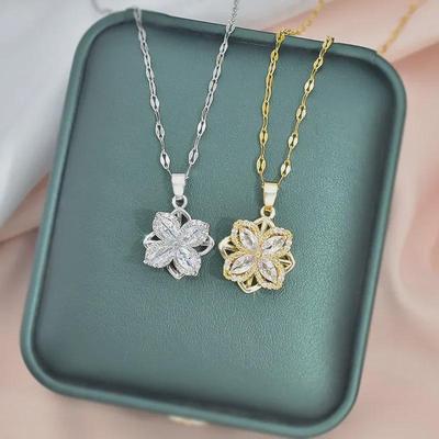 Rotatable Titanium Steel Four-Petal Flower Necklace with Inlaid Zircon Pendant - Fresh and Fashionable Style for Women