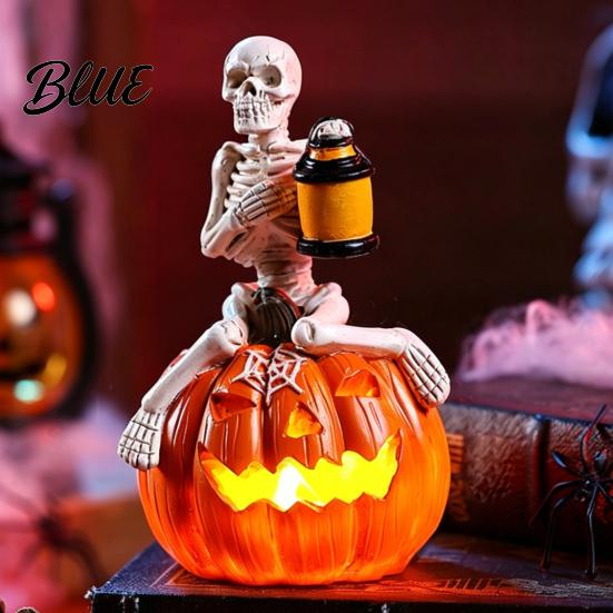 Skeleton Figure for Halloween Pumpkin Figurine LED Light-Up Decorative Lantern Spooky Ornament Holiday Decoration Parties & Ghost Festivals
