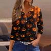 Women's Casual Halloween Print V Neck Button Three Quarter Sleeve T Shirt Top Lightweight Soft Fabric Comfortable Fit
