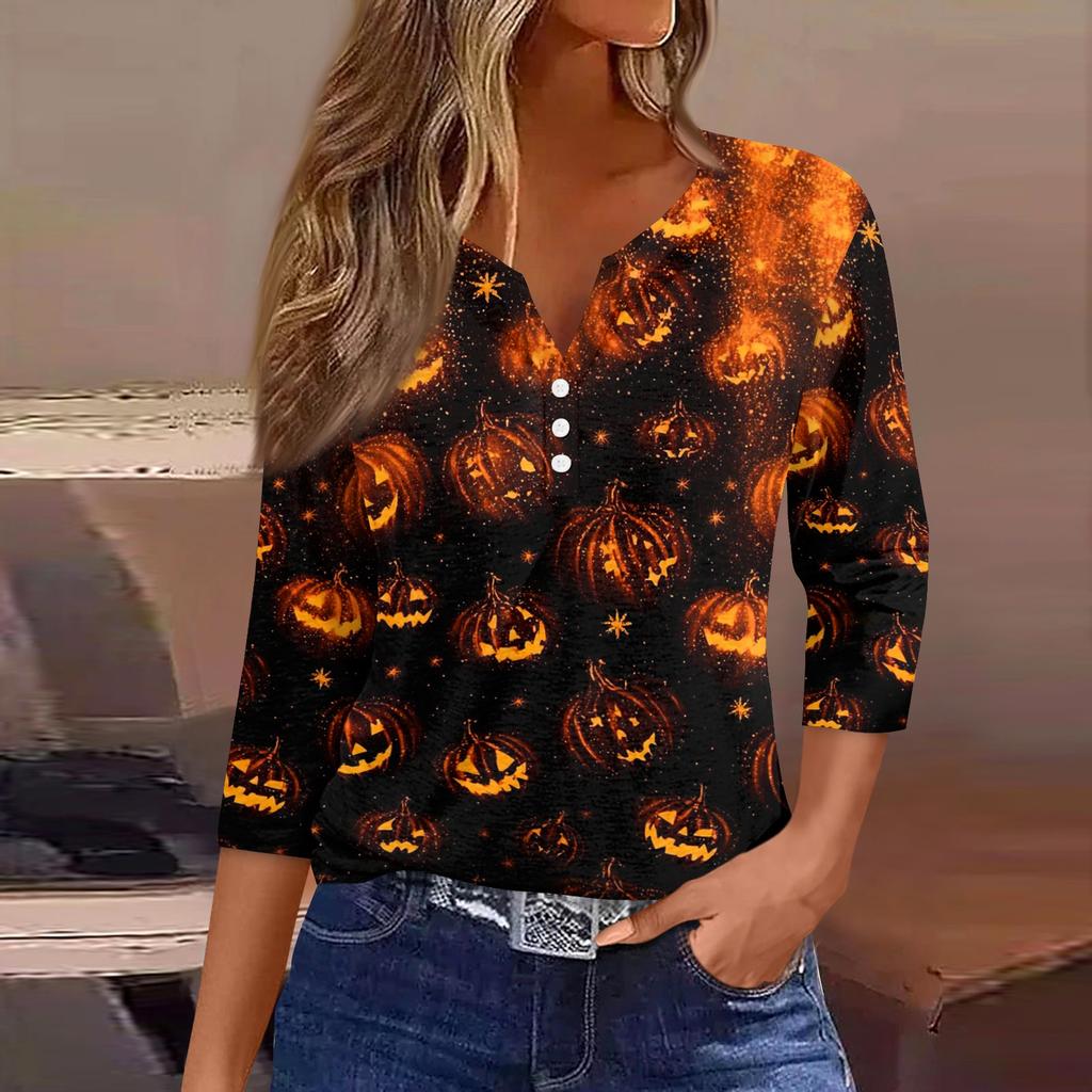 Women's Casual Halloween Print V Neck Button Three Quarter Sleeve T Shirt Top Lightweight Soft Fabric Comfortable Fit