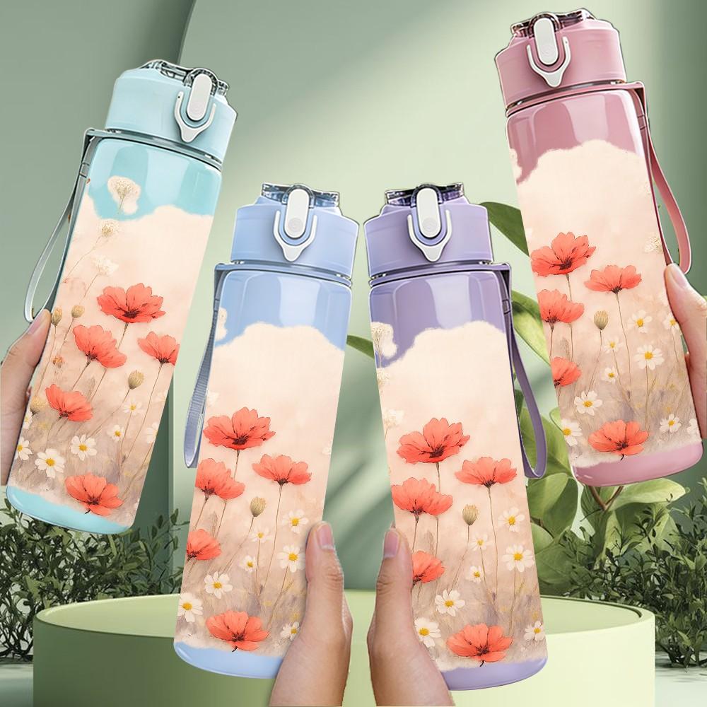 1PC Soft Pink White Cloud Flower Print 750ml Color Plastic Sports Water Bottle Leakproof Flip Straw Lid Suitable for Sports Office Home Use