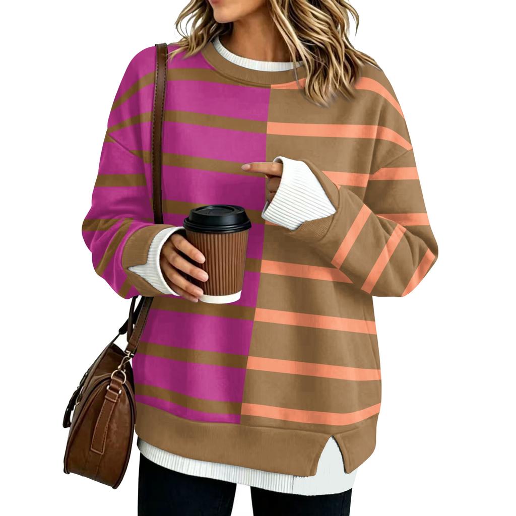 Trendy Women's Casual Loose Fit Long Sleeve Two Piece Striped Sweatshirt Pullover Top