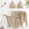 Western Style Sexy 3 Piece Bikini Set Solid Color Swimsuit with Sheer Skirt for Women Beach Vacation Wear 0879
