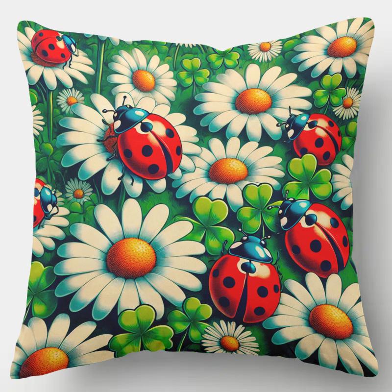 pc D Flat Pillow Not Included Ladybugs Daisies Clover Pattern Cushion Cover Short Plush Spring Garden Decor Gift Case