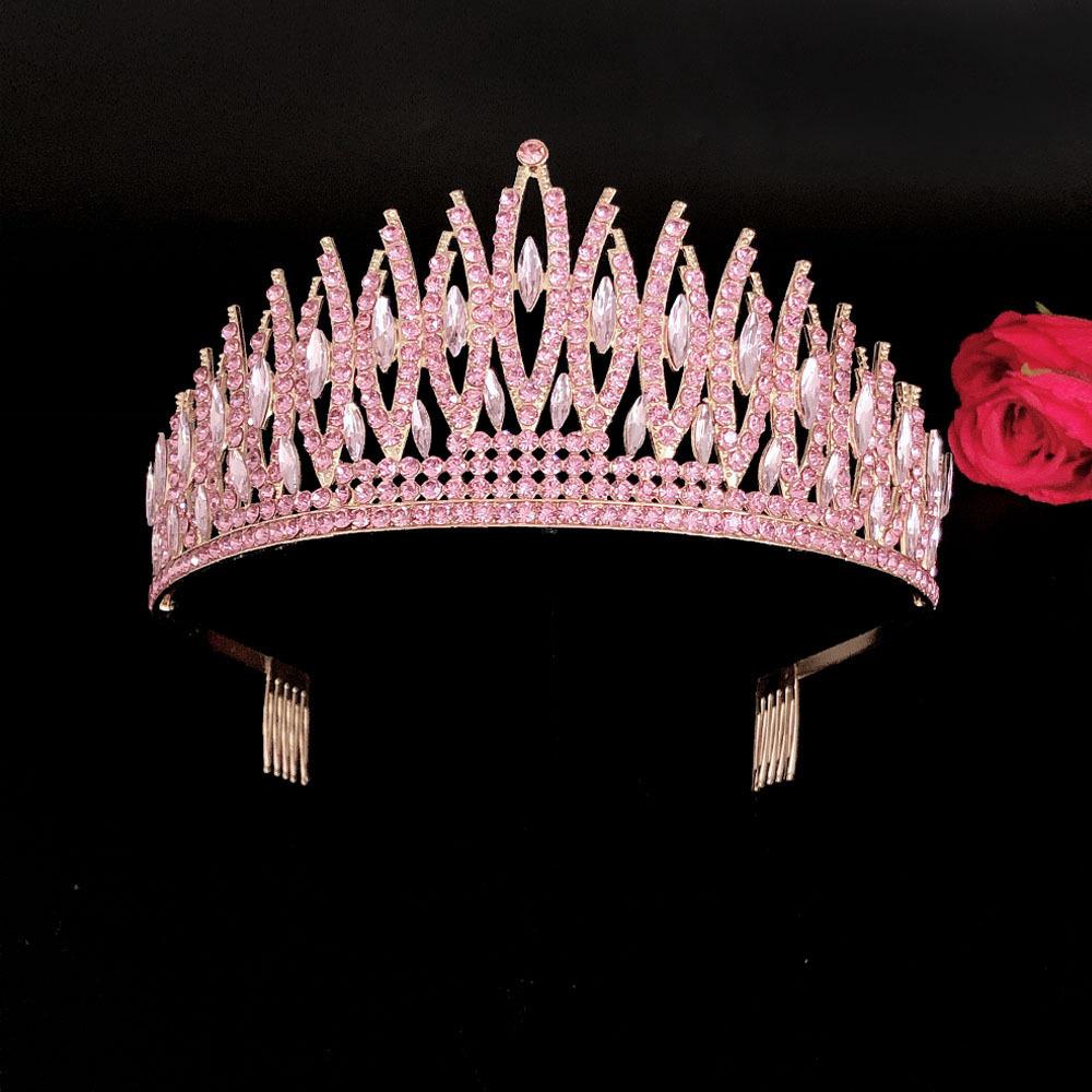 New Pink Crystal Rhinestone Bridal Crown with Headband Bridal Headwear Hair Accessories for Women