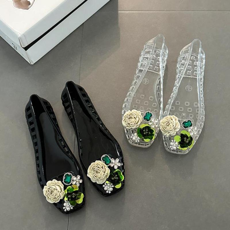 Diamond Sequins Flower Decorations Black Transparent Shoes for Women Summer Korean Style Hollowed Out Beach Flat Shoes