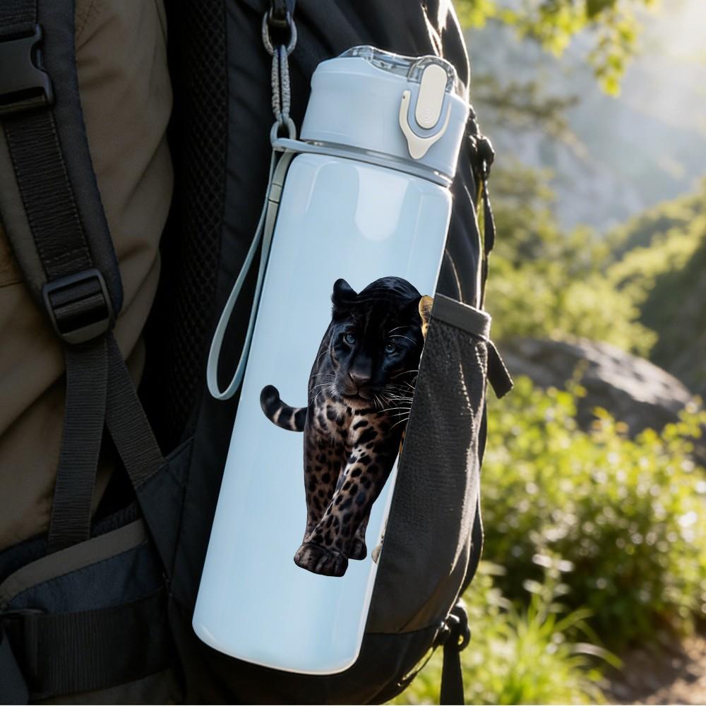 1PC Black Leopard Cat Standing Animal Print 750ml Color Plastic Sports Water Bottle Leakproof Flip Straw Lid Suitable for Sports Office Home Use