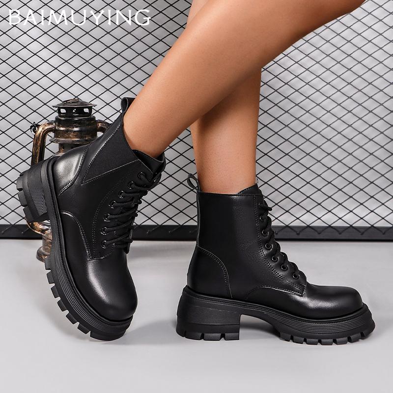 Platform Women Ankle Boots Leather Retro Chunky Mid Heels Shoes Trend Winter Lace Up Designer Pumps Goth Botas De Mujer