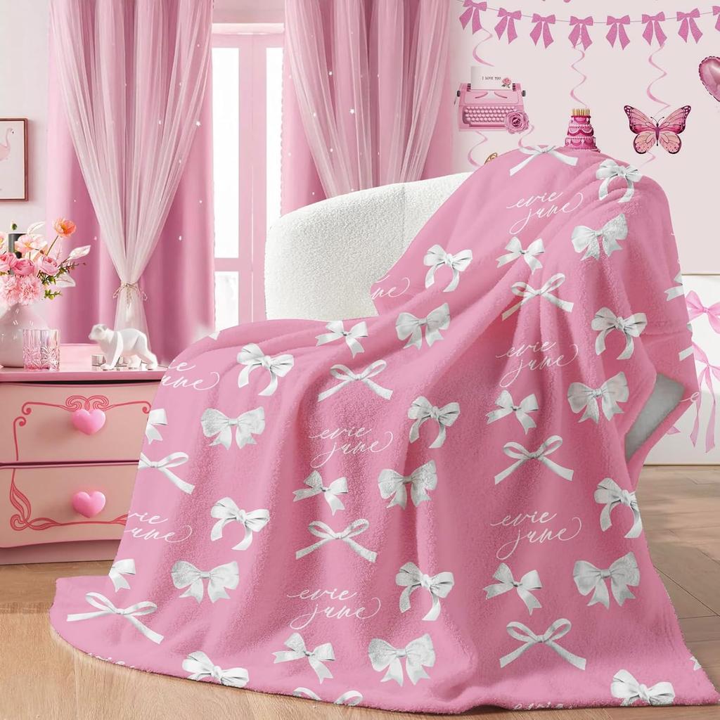 VIKAMA Frühlingsrosa Schleife Decke Decke für Teenager-Mädchen Decke für Teenager-Kinder Weiche Flanelldecke Leichte Überwurfdecke für Sofa