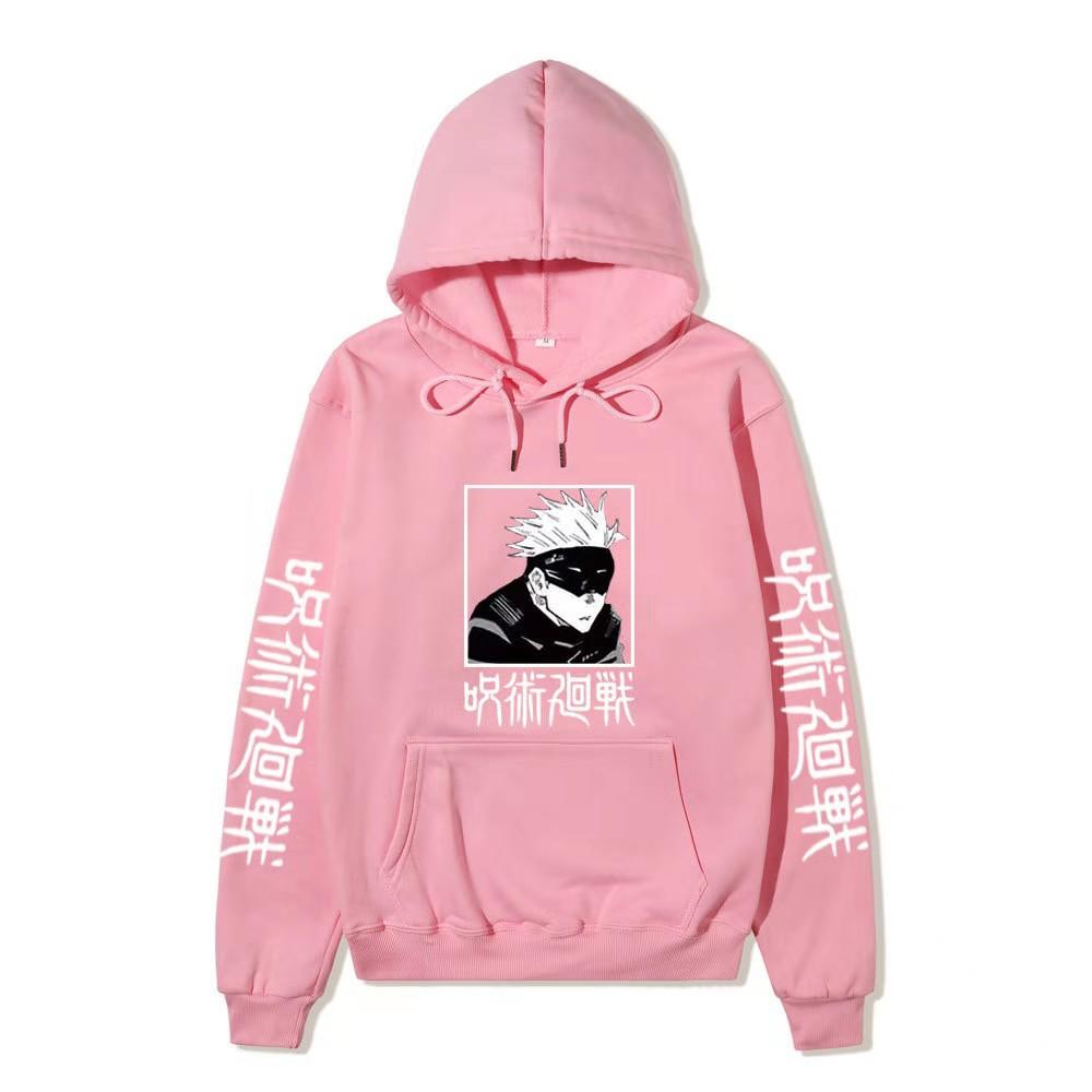 Men Women Fleece Hoodie Gojo Manga Art Two Sleeve Vertical Japanese Characters Casual Anime Hooded Sweatshirt