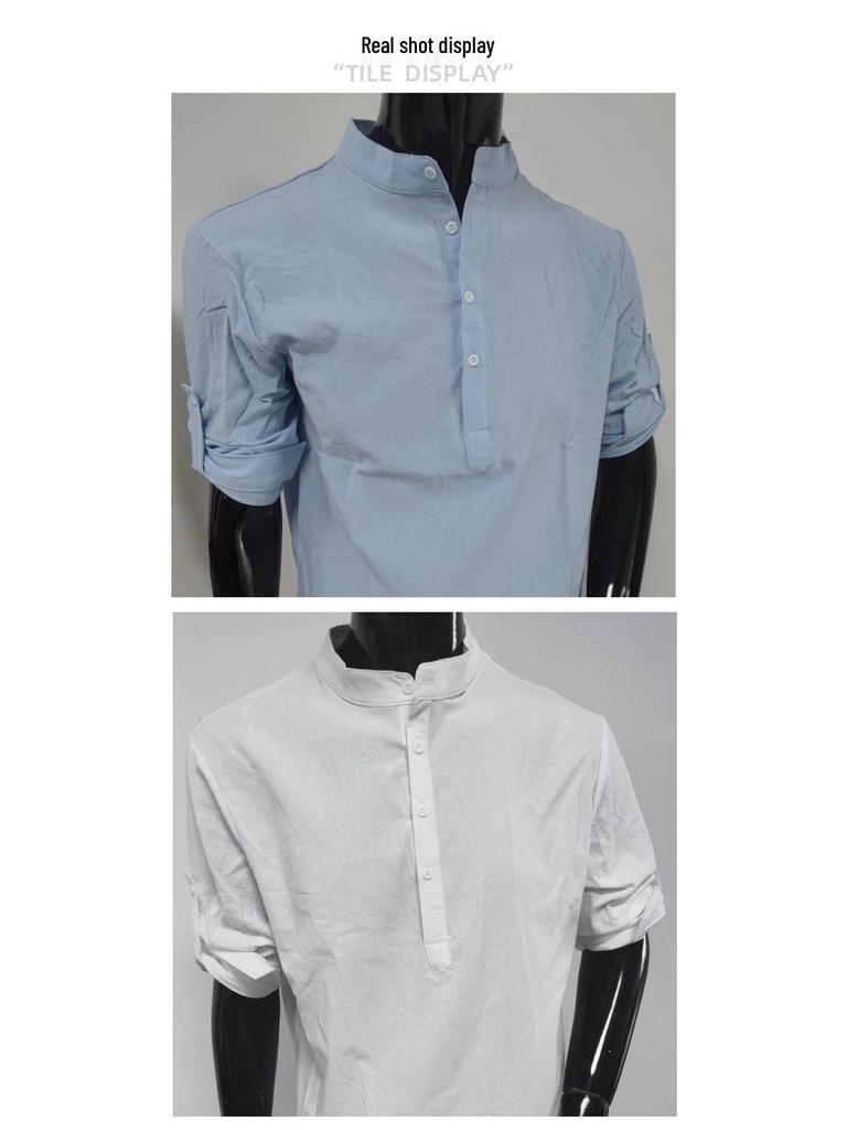2025 Men's Loose Trend Stand-up Collar Half-open Solid Color Pure Cotton Long Sleeve Plus Size Shirt