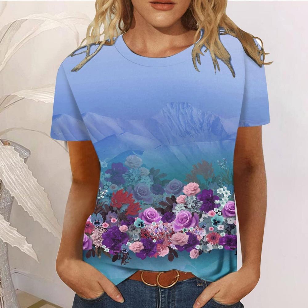 Summer Women's  Round Neck Temperament Elegant T-shirt Breathable Short-sleeved Floral Pattern Top Loose Casual Ladies T-shirt