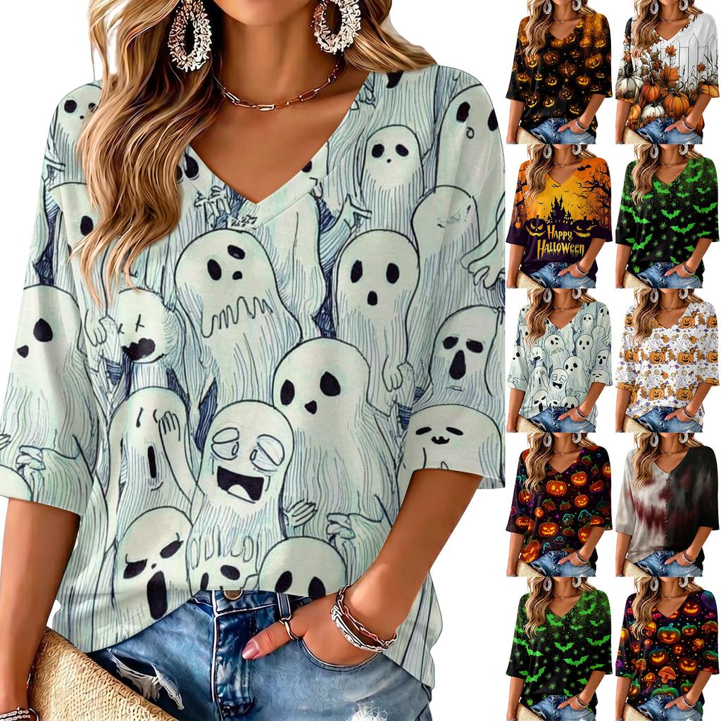 Women's V-Neck Halloween Print Lightweight Blouse for Spring and Summer